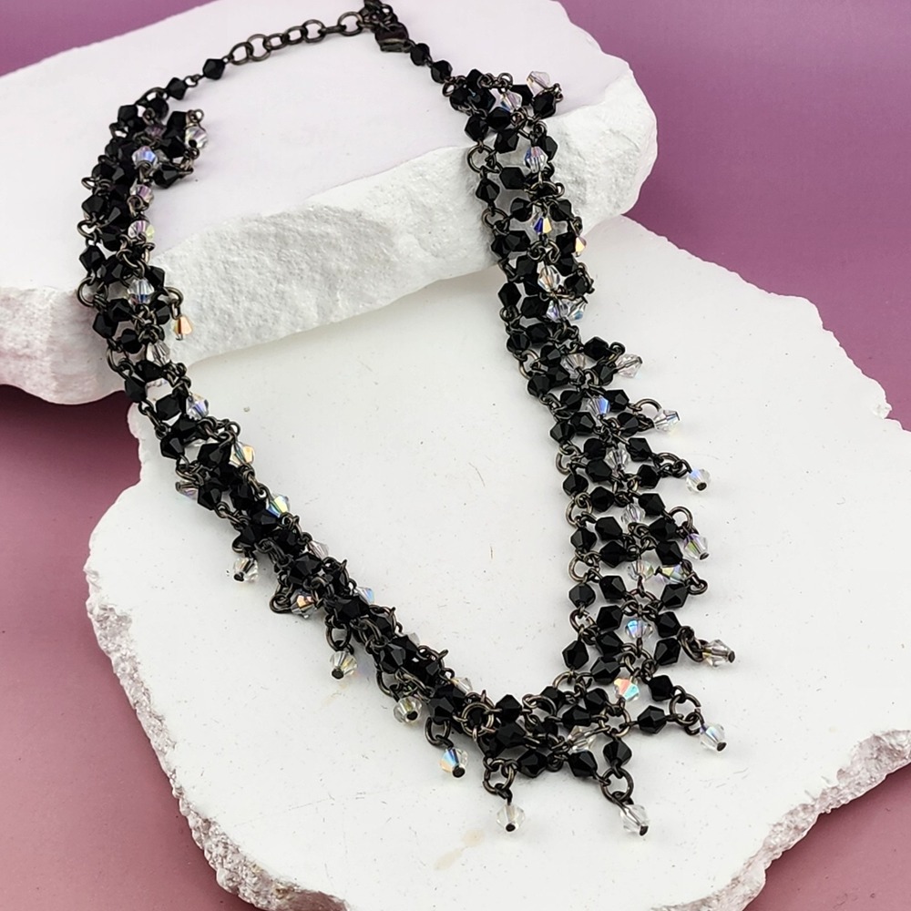 Black Crystal Beaded Bib Necklace Clear AB Glass Cluster Gunmetal Goth Statement
